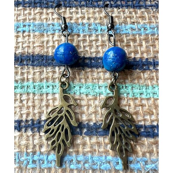 Handmade Brass Leaf Earrings with Blue Clay Bead – Artisan Dangle – 2.5" Drop - Picture 1 of 3